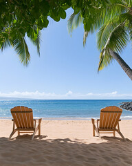 Wall Mural - chairs sit on the beach looking out to the ocean in a tropical setting. use travel generative ai