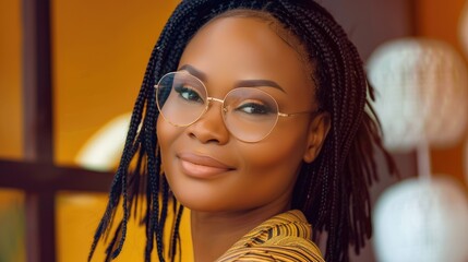 Wall Mural - Portrait of a smiling woman with braided hair and glasses, set against a warm, vibrant background with decorative elements