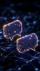 Online communication Two digital speech bubbles connecting in a neural network generative AI