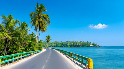 Wall Mural - Coastal Road Cars cruise tropical highway next to ocean & palm trees in Summer generative AI