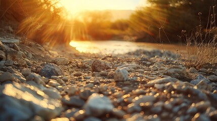 Wall Mural - Serene riverside at sunset with sparkling stones and soft light illuminating the tranquil waterway