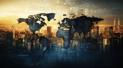 Digital world map made of binary code on a city background, global network concept
