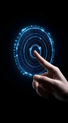 Wall Mural - person interacts with glowing data circle on black background for digital interface generative ai