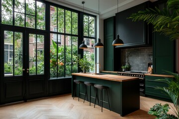 Dark green modern kitchen with island and natural light for cooking scene