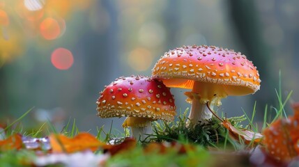 Wall Mural - Vibrant red and orange mushrooms with white spots growing in a lush green forest during autumn, surrounded by colorful foliage