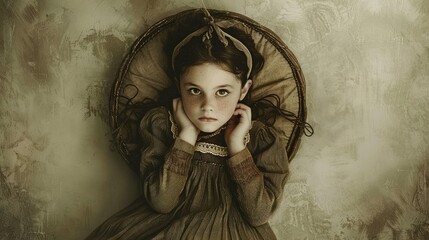 Wall Mural - A young girl in a vintage dress sits thoughtfully against a textured wall, evoking a sense of nostalgia and innocence