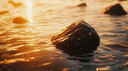 Wall Mural - Golden sunset, ocean rock, calm water, beach background, serene nature