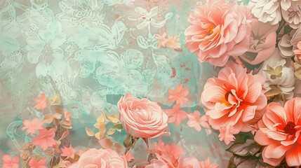 Wall Mural - A vibrant floral pattern featuring pink roses and delicate blossoms against a soft turquoise background