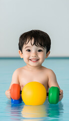 Wall Mural - Smiling toddler plays with colorful balls in a bright pool. Lifestyle imagery generative AI