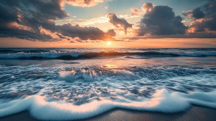 Canvas Print - Dramatic sunset over ocean waves crashing on sandy beach.