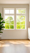 © Nadiyah - Sunny indoor view. Light streams through window illuminating wood floor and plant generative AI
