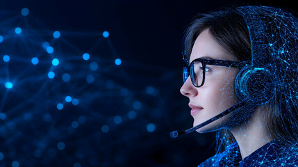 tech worker with headset assists with data analysis, on dark background. use tech generative ai