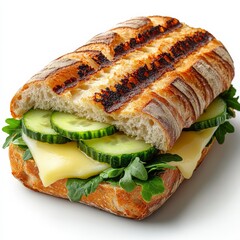 Poster - A Delicious Grilled Bread Sandwich with Cheese, Crisp Cucumber Slices, and Fresh Arugula, Perfectly Layered on a White Background for a Refreshing and Healthy Meal.