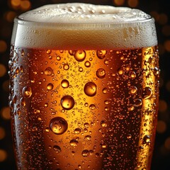 Poster - Craft Beer Perfection: A Close-Up of a Chilled Ale with Condensation and Creamy Foam, Set Against a Bokeh-Lit Background