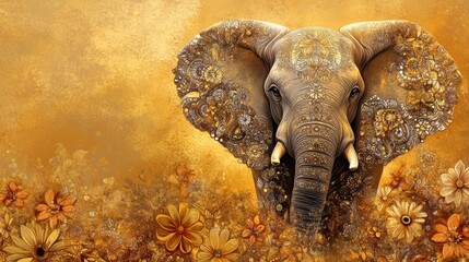 Fototapete - Elephant surrounded by colorful flowers in a warm, artistic landscape during a bright day. Generative AI