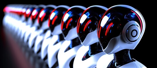 Robotic line-up, dark background, AI future tech, website banner