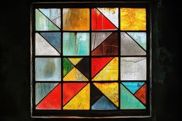 Wall Mural - Colorful geometric stained glass window with aged textured appearance