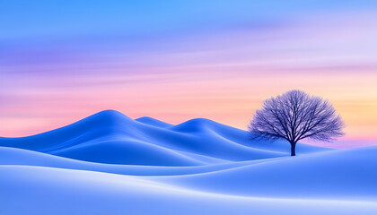 Winter landscape. Tree in snowy dunes at sunset. Serene wallpaper or background generative AI