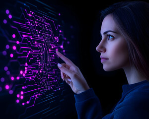 Wall Mural - woman interacts with digital screen with glowing interface, using for technology ads generative ai