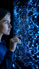 Wall Mural - woman touches interface screen with digital network for education or business use generative ai
