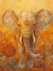 Poster - Majestic elephant adorned with intricate patterns in warm sunset hues capturing the essence of wildlife artistry. Generative AI