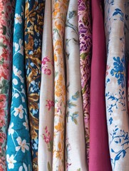 Leinwandbilder - Close up view of vibrant patterned fabrics featuring floral and geometric designs with space for text and decoration. Generative AI
