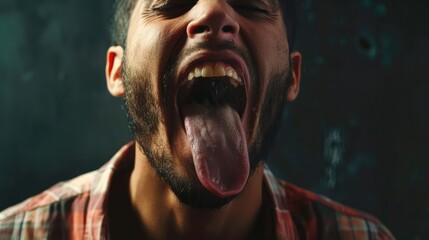 Wall Mural - Close-up of a man expressing emotion with an open mouth and extended tongue against a dark textured background