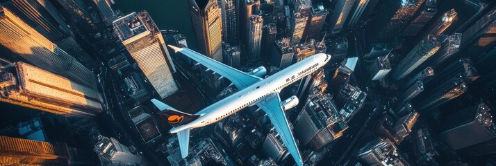 Poster - City skyline with a commercial airplane flying above skyscrapers during daytime in an urban landscape. Generative AI