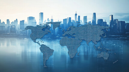 Digital world map made of binary code on a city background, global network concept