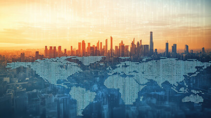 Digital world map made of binary code on a city background, global network concept
