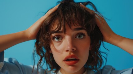 Wall Mural - Young woman expressing surprise and confusion against a vibrant blue background, evoking emotions of stress and curiosity