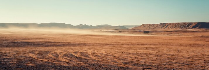 Aufkleber - Expansive desert landscape with distant hills and dust clouds at sunset in a remote region. Generative AI