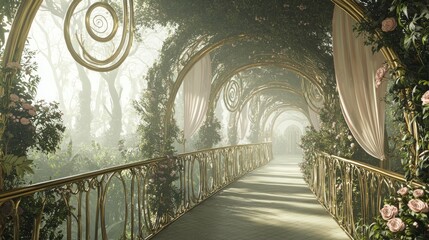 Wall Mural - Lush Airy Walkway Above in Ethereal Garden Setting with Gold Accents