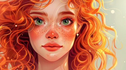 Wall Mural - A vibrant portrait of a young woman with curly red hair and freckles, set against a soft, dreamy background