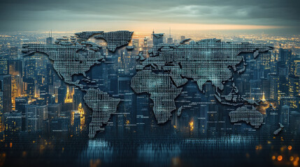 Digital world map made of binary code on a city background, global network concept