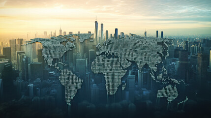 Digital world map made of binary code on a city background, global network concept