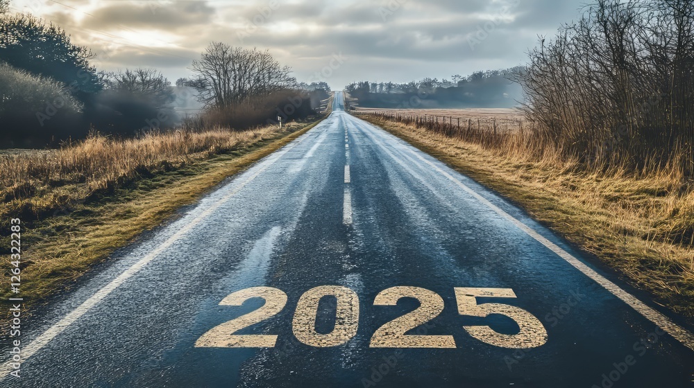 Road To 2025. Asphalt Road Stretches To The Horizon With The Year 2025 ...