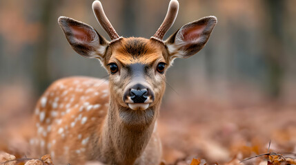 Wall Mural - Fawn in autumn forest, looking directly at camera