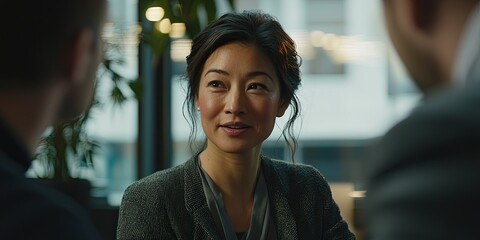 Fototapete - A high-quality shot of a female leader engaged in discussion with her team, her confident demeanor complemented by soft office lighting for a collaborative vibe.