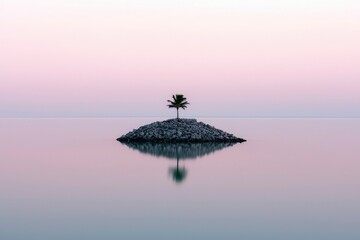 Wall Mural - Lonely tree on small island on calm water under light pink sky for meditation