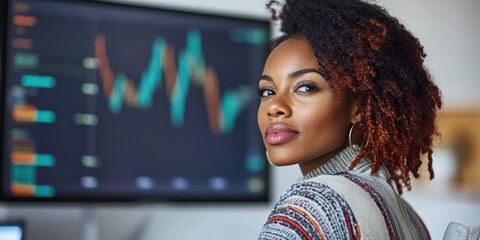 Aufkleber - A wide-angle view of a woman presenting financial strategies beside a screen displaying charts, her confident expression set against neutral office lighting for a focused