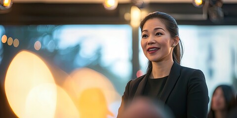 Fototapete - A wide-angle image of a woman delivering an inspiring speech at a business event, her confident expression paired with neutral lighting for a formal tone.
