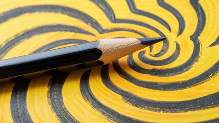 Wall Mural - Close-up of a black pencil resting on a vibrant yellow spiral artwork, showcasing artistic creativity and detail