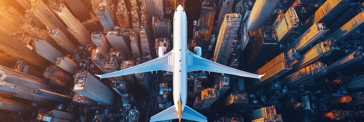 Poster - Boeing jet flying over a city skyline at sunset showcasing skyscrapers and urban landscape below. Generative AI