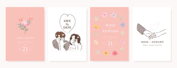 Wall Mural - elegant wedding invitation card background vector. minimal hand drawn bride and groom in watercolor 