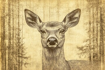 Aufkleber - Engraved deer portrait with intricate line work in sepia tones, featuring space for personalized text. Generative AI