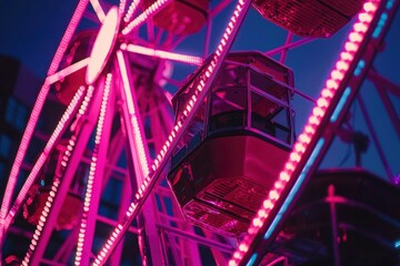 Wall Mural - Ferris wheel lights up the dark sky at a fair, with buildings in the background