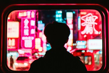 Wall Mural - Man silhouette looking at neon lights, city background through glass window for travel