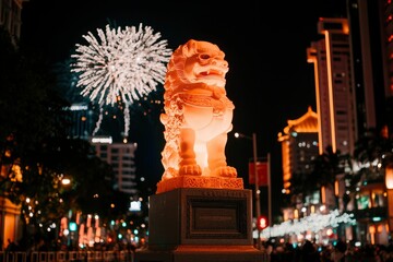 Wall Mural - Lion statue celebrates Chinese New Year with fireworks in urban setting at night