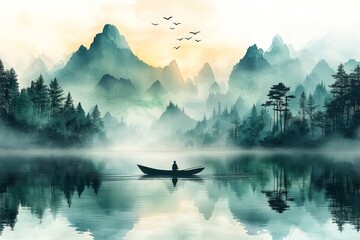  Chinese Ink Painting Style Man Rowing on River with Misty Mountains, Flying Birds, and Green-Blue Hues. High-Resolution Vector Illustration with White Space at Top.